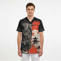 Japanese Dragon Katana Enso Scrub Top Japan Pagoda Seamless Cloud - Polynesian Pride