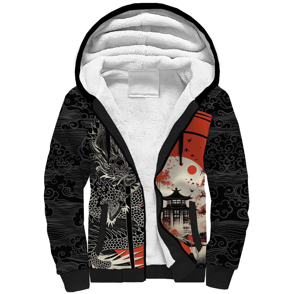 Japanese Dragon Katana Enso Sherpa Hoodie Japan Pagoda Seamless Cloud LT14 Unisex Black - Polynesian Pride