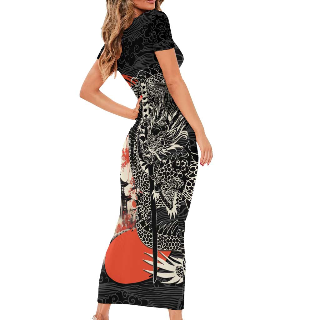 Japanese Dragon Katana Enso Short Sleeve Bodycon Dress Japan Pagoda Seamless Cloud LT14 - Polynesian Pride