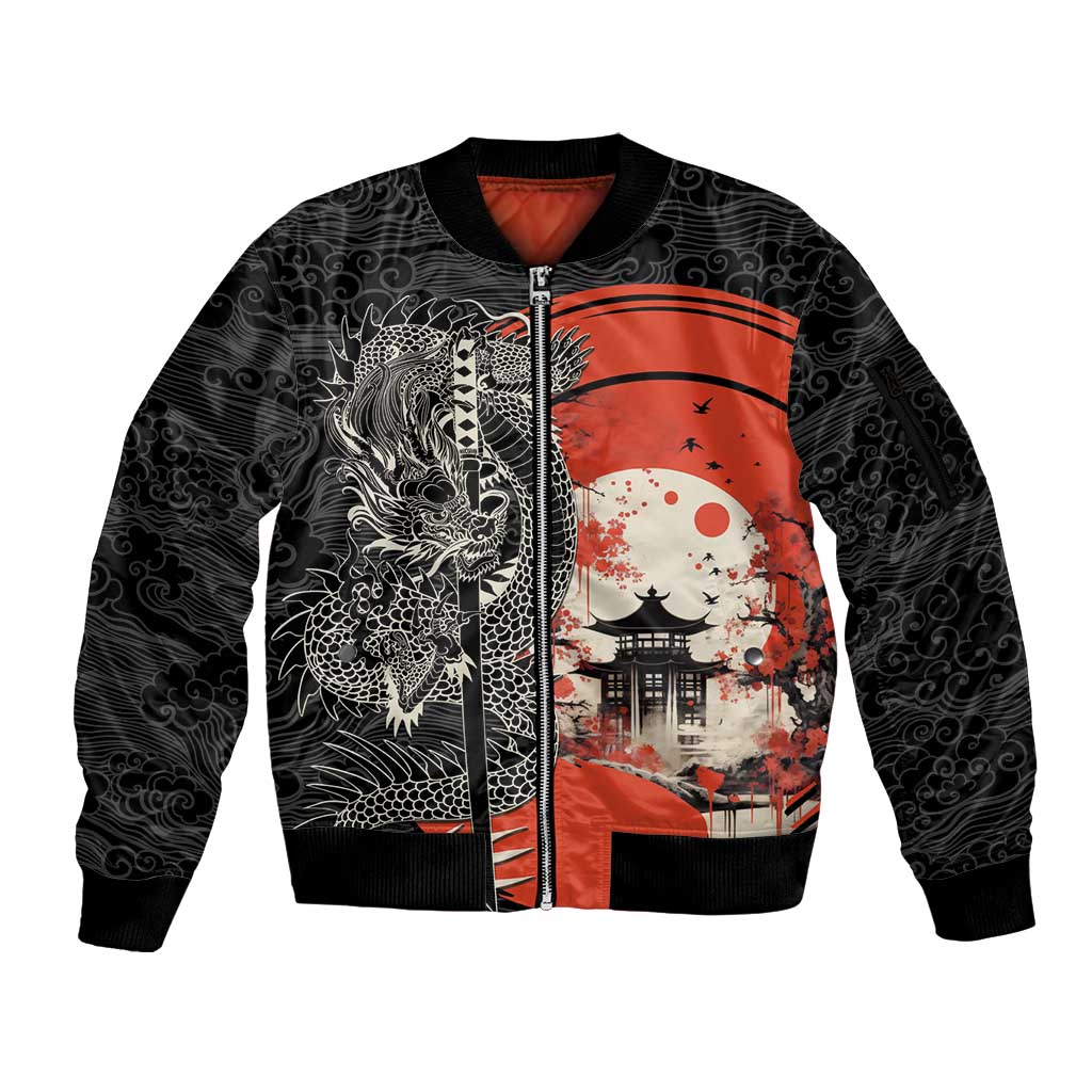 Japanese Dragon Katana Enso Sleeve Zip Bomber Jacket Japan Pagoda Seamless Cloud LT14 Unisex Black - Polynesian Pride