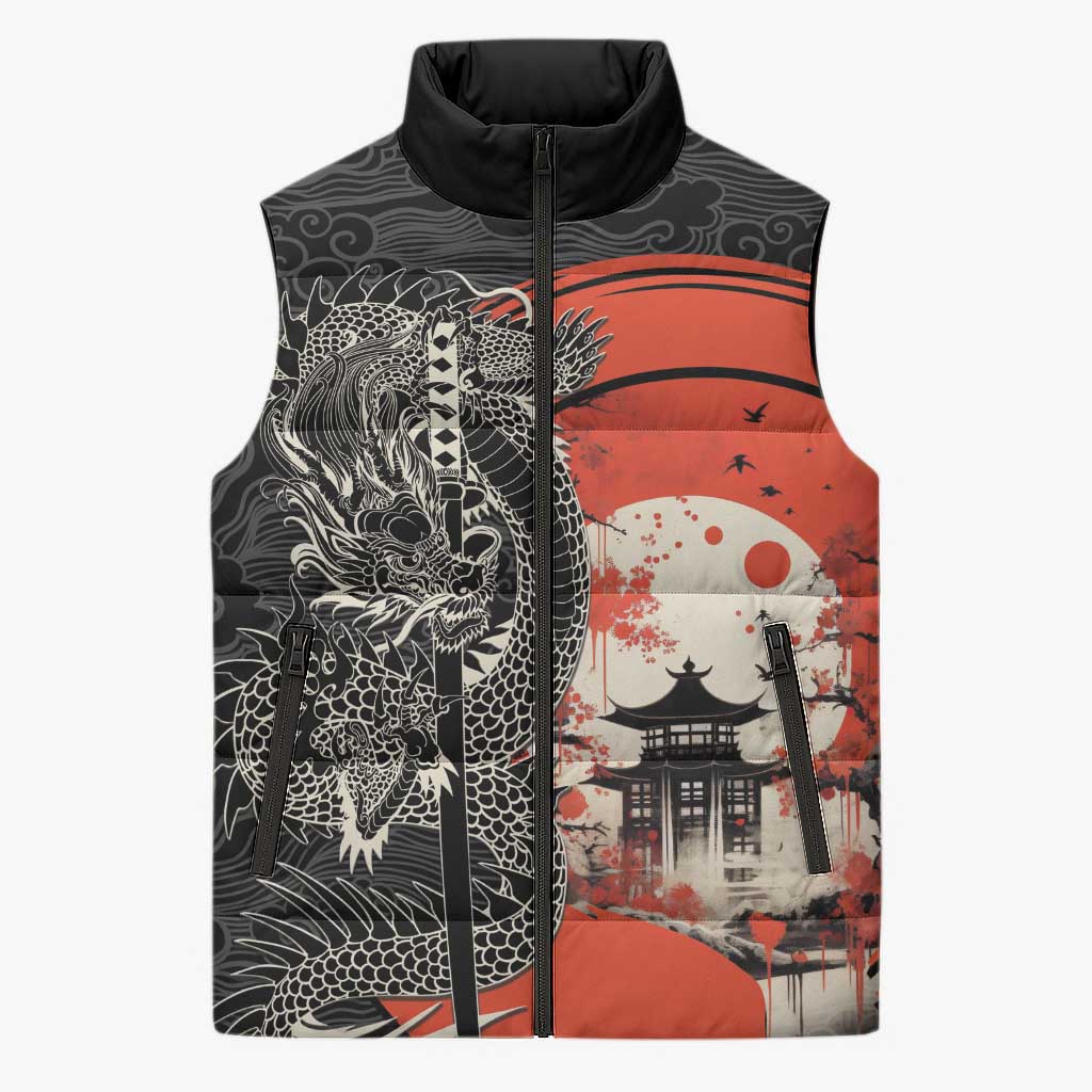 Japanese Dragon Katana Enso Sleeveless Puffer Jacket Japan Pagoda Seamless Cloud LT14 Unisex Black - Polynesian Pride
