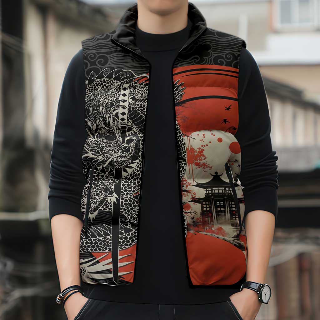 Japanese Dragon Katana Enso Sleeveless Puffer Jacket Japan Pagoda Seamless Cloud LT14 - Polynesian Pride