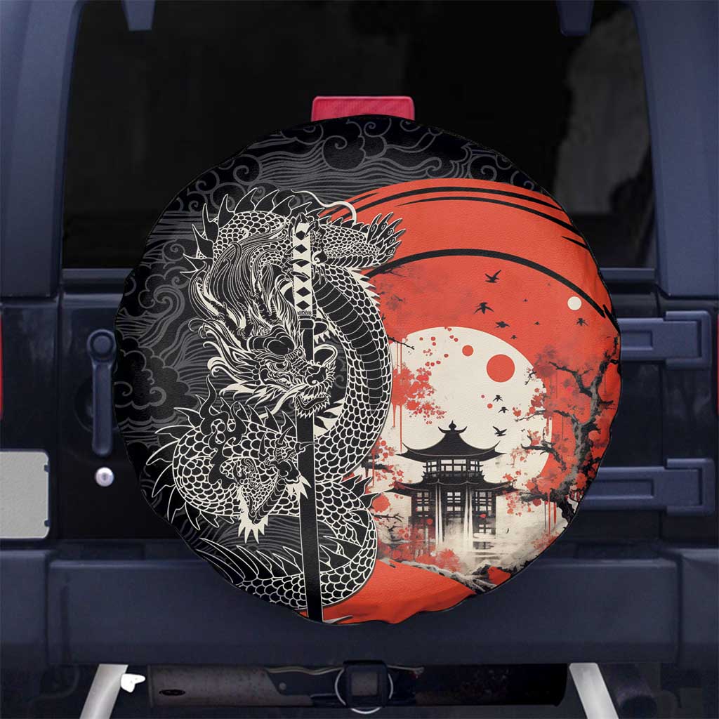 Japanese Dragon Katana Enso Spare Tire Cover Japan Pagoda Seamless Cloud LT14 No hole Black - Polynesian Pride