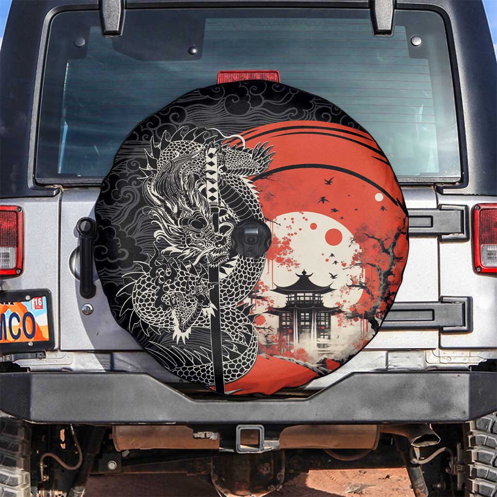 Japanese Dragon Katana Enso Spare Tire Cover Japan Pagoda Seamless Cloud LT14 Black - Polynesian Pride