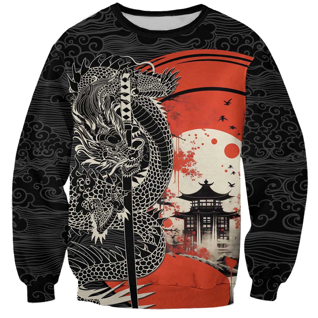 Japanese Dragon Katana Enso Sweatshirt Japan Pagoda Seamless Cloud LT14 Unisex Black - Polynesian Pride