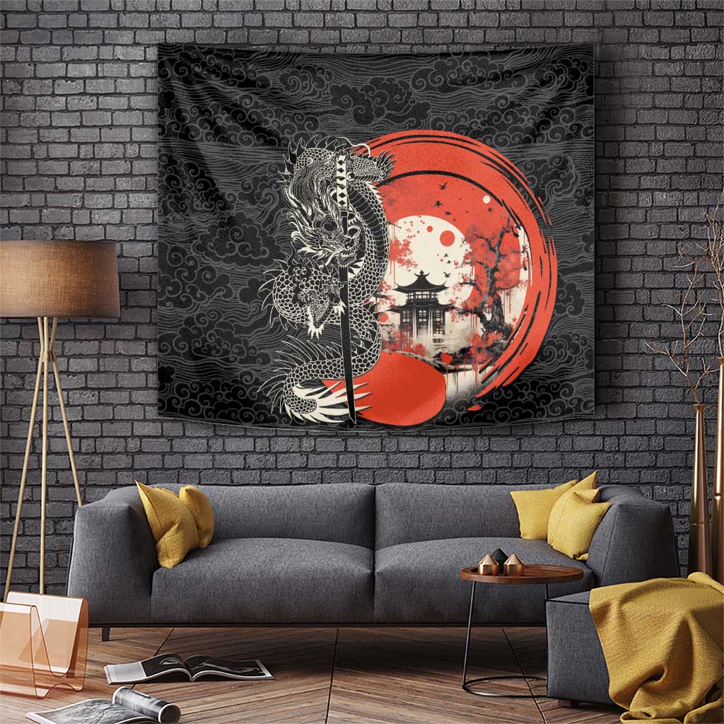 Japanese Dragon Katana Enso Tapestry Japan Pagoda Seamless Cloud LT14 Black - Polynesian Pride