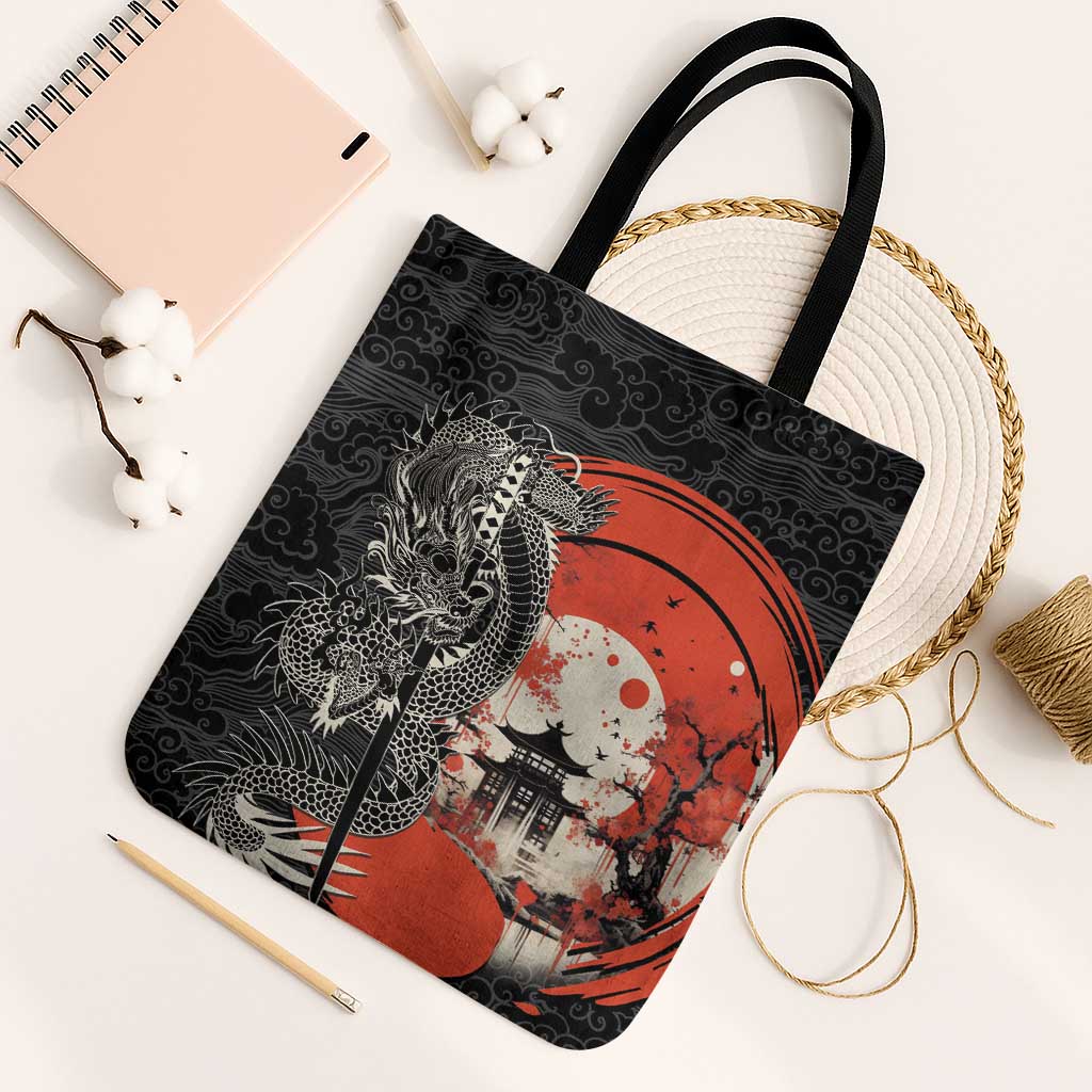 Japanese Dragon Katana Enso Tote Bag Japan Pagoda Seamless Cloud LT14 Black Strap One Size Black - Polynesian Pride