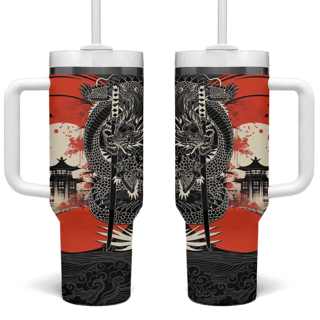 Japanese Dragon Katana Enso Tumbler With Handle Japan Pagoda Seamless Cloud LT14 One Size: 40 oz Black - Polynesian Pride