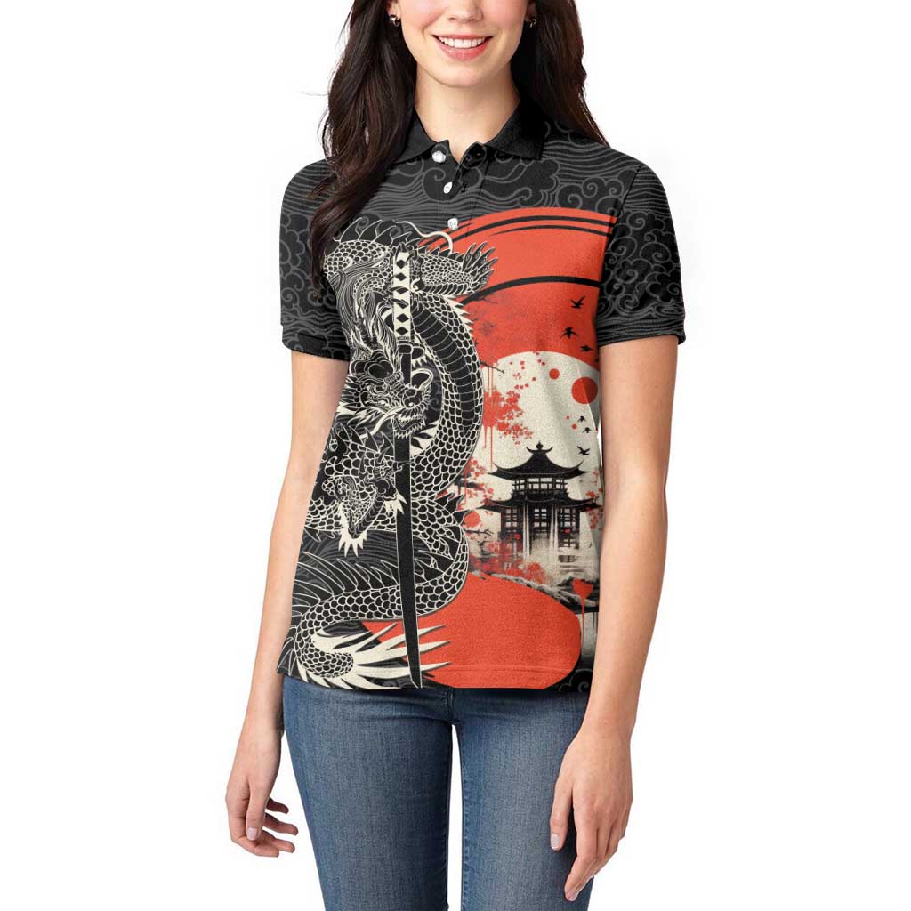 Japanese Dragon Katana Enso Women Polo Shirt Japan Pagoda Seamless Cloud LT14 - Polynesian Pride