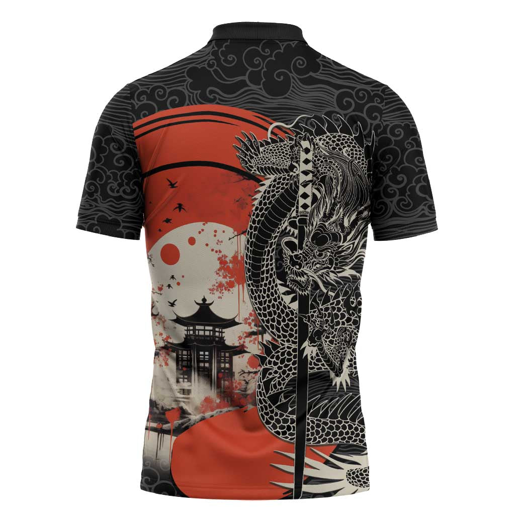 Japanese Dragon Katana Enso Zipper Polo Shirt Japan Pagoda Seamless Cloud - Polynesian Pride