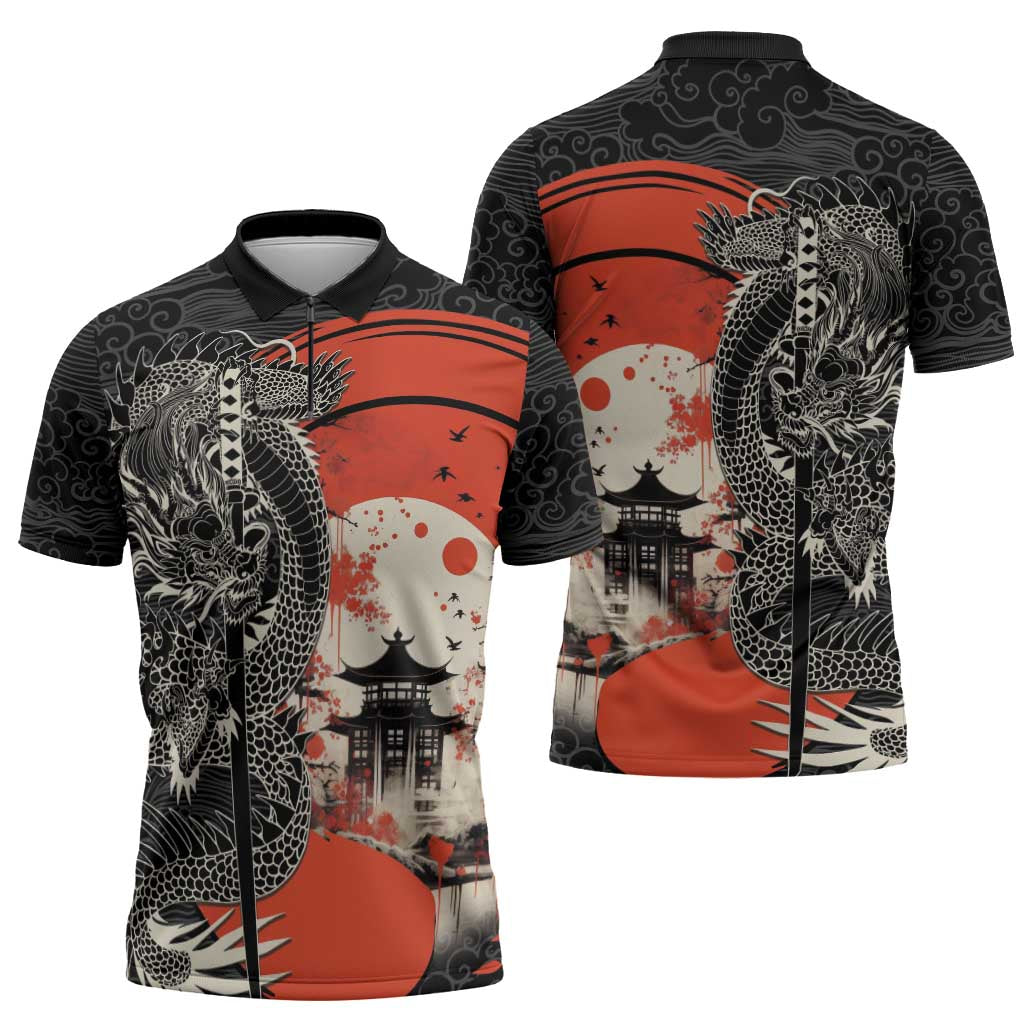 Japanese Dragon Katana Enso Zipper Polo Shirt Japan Pagoda Seamless Cloud - Polynesian Pride