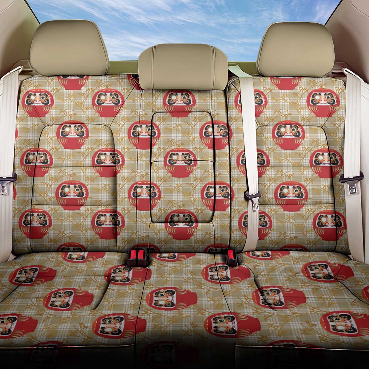 Japanese Daruma Doll Back Car Seat Cover Palaka With Seamless Bamboo Pattern LT14 One Size Beige - Polynesian Pride