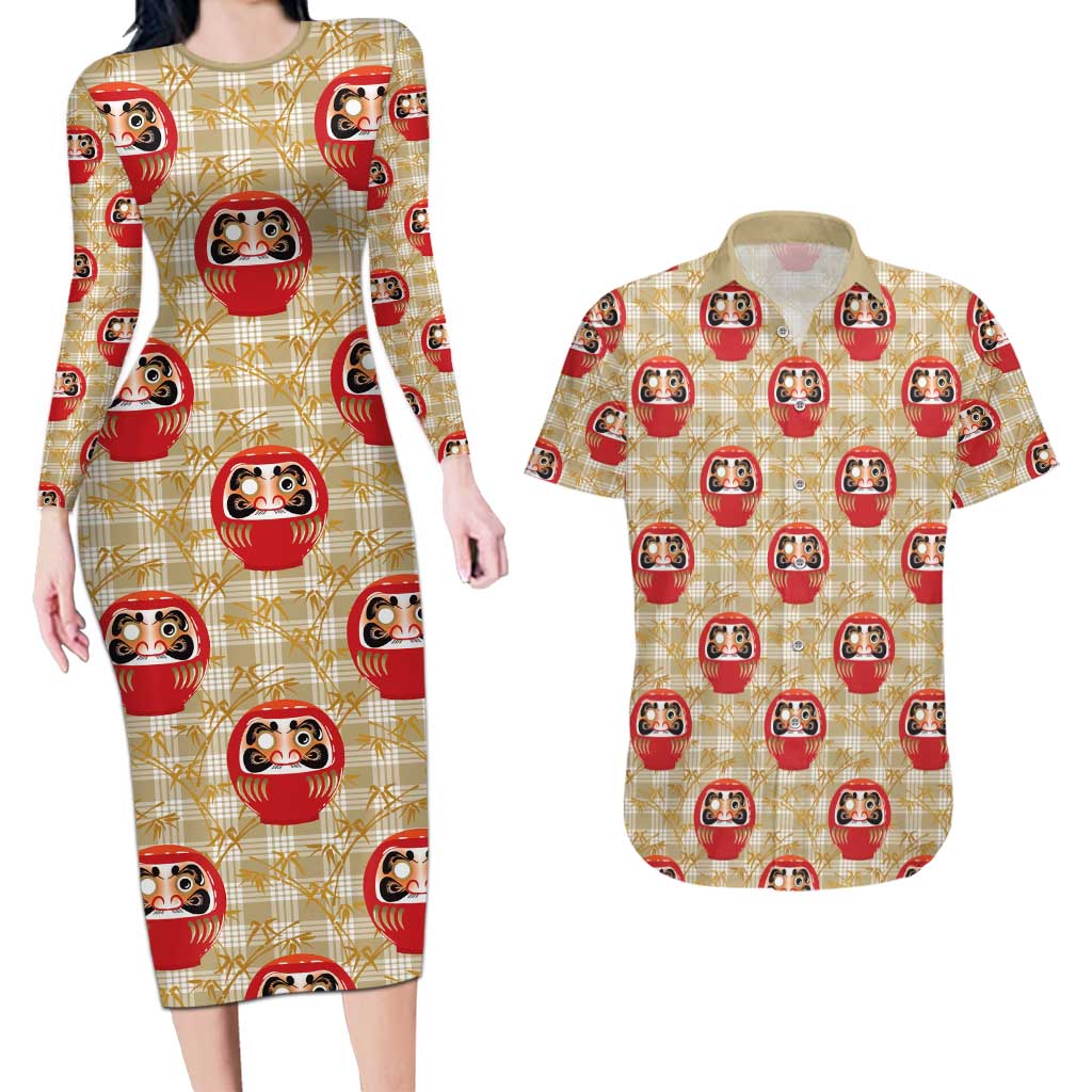 Japanese Daruma Doll Couples Matching Long Sleeve Bodycon Dress and Hawaiian Shirt Palaka With Seamless Bamboo Pattern LT14 Beige - Polynesian Pride