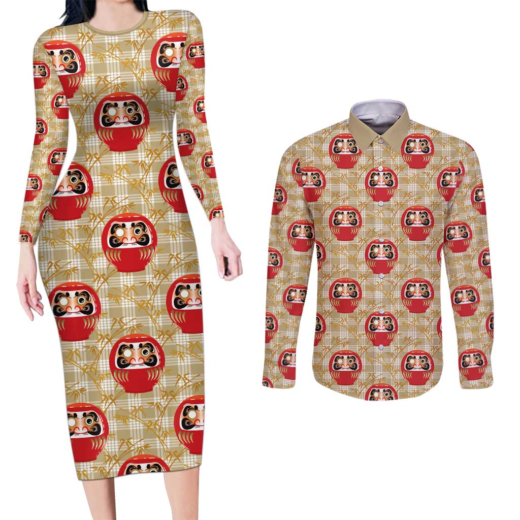Japanese Daruma Doll Couples Matching Long Sleeve Bodycon Dress and Long Sleeve Button Shirt Palaka With Seamless Bamboo Pattern LT14 Beige - Polynesian Pride