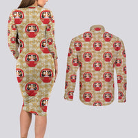 Japanese Daruma Doll Couples Matching Long Sleeve Bodycon Dress and Long Sleeve Button Shirt Palaka With Seamless Bamboo Pattern LT14 - Polynesian Pride