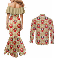 Japanese Daruma Doll Couples Matching Mermaid Dress and Long Sleeve Button Shirt Palaka With Seamless Bamboo Pattern LT14 - Polynesian Pride