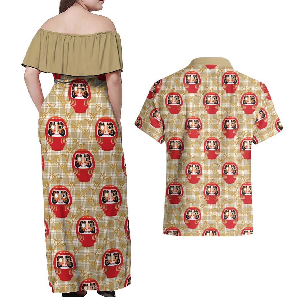 Japanese Daruma Doll Couples Matching Off Shoulder Maxi Dress and Hawaiian Shirt Palaka With Seamless Bamboo Pattern LT14 - Polynesian Pride
