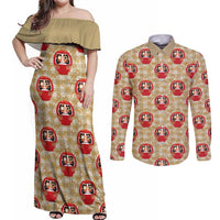 Japanese Daruma Doll Couples Matching Off Shoulder Maxi Dress and Long Sleeve Button Shirt Palaka With Seamless Bamboo Pattern LT14 Beige - Polynesian Pride
