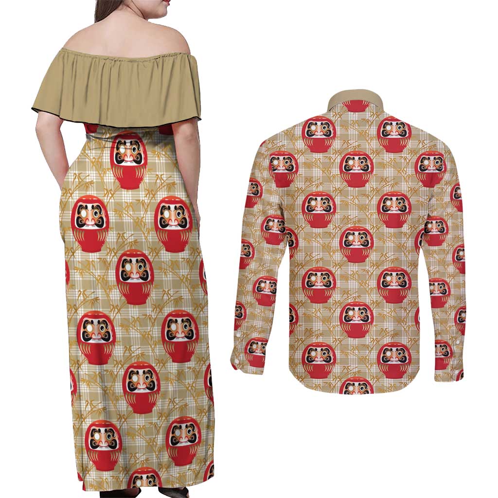 Japanese Daruma Doll Couples Matching Off Shoulder Maxi Dress and Long Sleeve Button Shirt Palaka With Seamless Bamboo Pattern LT14 - Polynesian Pride