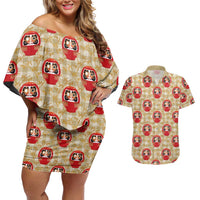 Japanese Daruma Doll Couples Matching Off Shoulder Short Dress and Hawaiian Shirt Palaka With Seamless Bamboo Pattern LT14 Beige - Polynesian Pride