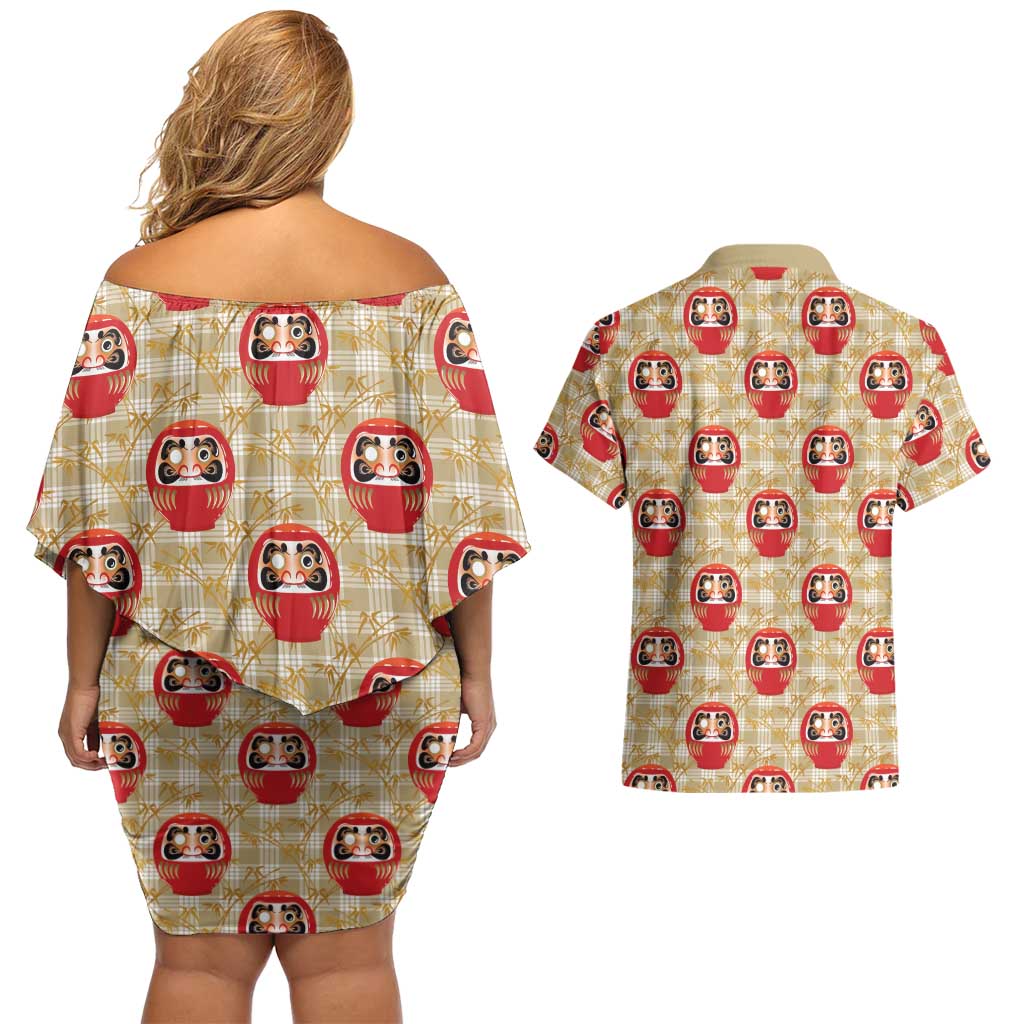 Japanese Daruma Doll Couples Matching Off Shoulder Short Dress and Hawaiian Shirt Palaka With Seamless Bamboo Pattern LT14 - Polynesian Pride