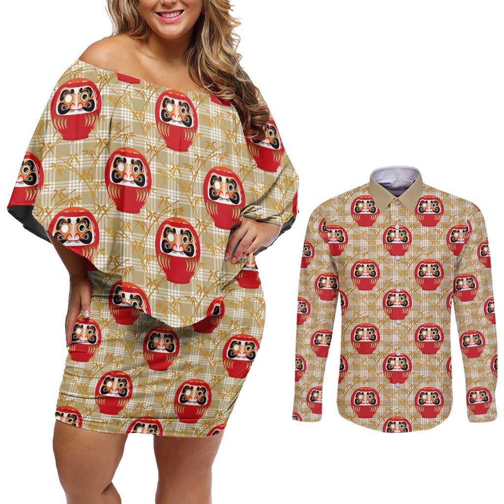 Japanese Daruma Doll Couples Matching Off Shoulder Short Dress and Long Sleeve Button Shirt Palaka With Seamless Bamboo Pattern LT14 Beige - Polynesian Pride