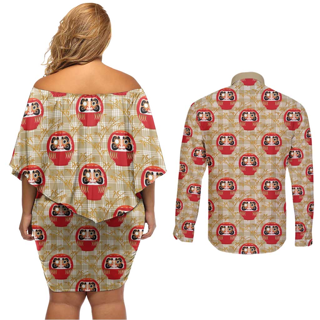 Japanese Daruma Doll Couples Matching Off Shoulder Short Dress and Long Sleeve Button Shirt Palaka With Seamless Bamboo Pattern LT14 - Polynesian Pride