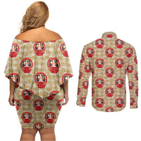 Japanese Daruma Doll Couples Matching Off Shoulder Short Dress and Long Sleeve Button Shirt Palaka With Seamless Bamboo Pattern LT14 - Polynesian Pride