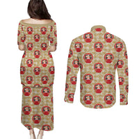 Japanese Daruma Doll Couples Matching Puletasi and Long Sleeve Button Shirt Palaka With Seamless Bamboo Pattern LT14 - Polynesian Pride