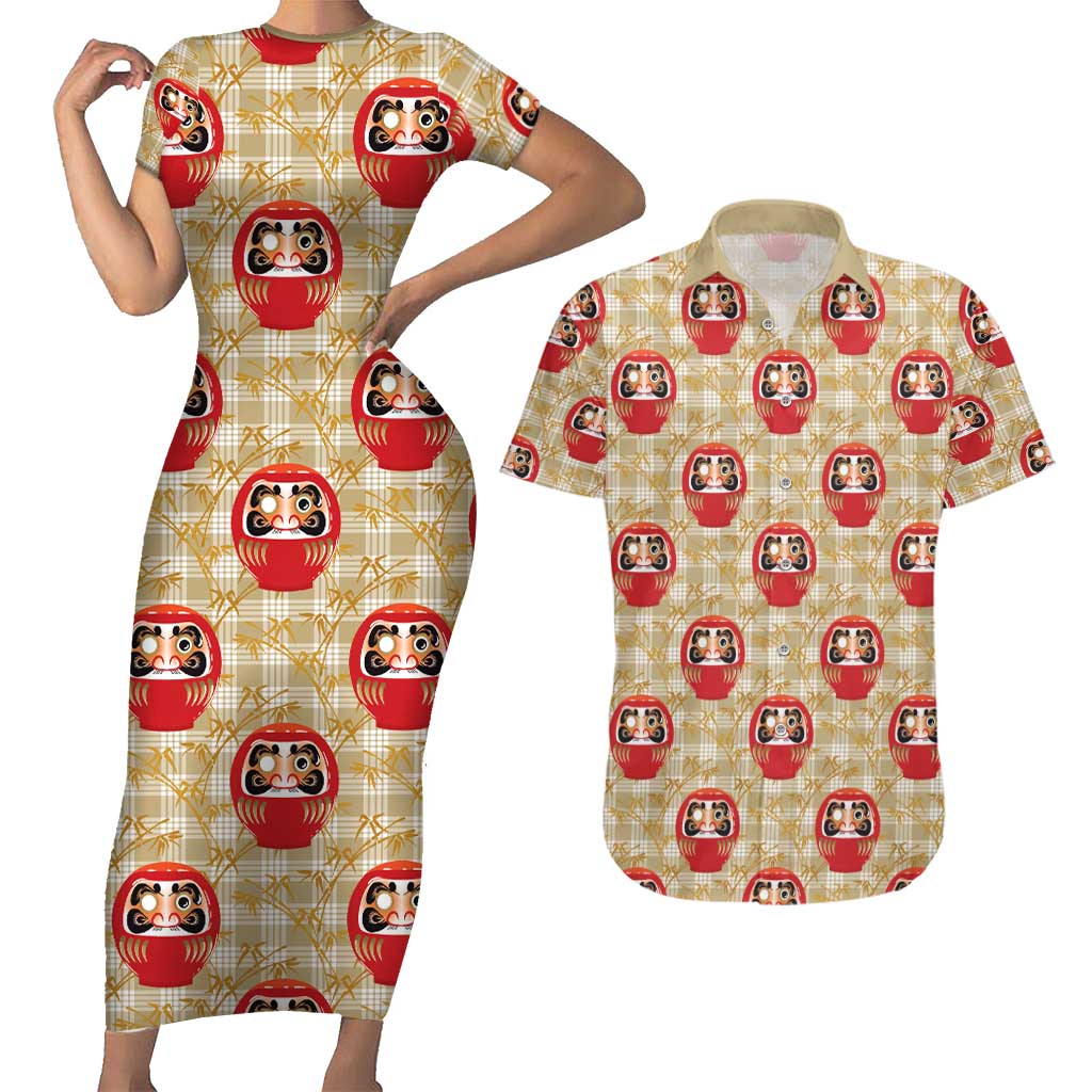 Japanese Daruma Doll Couples Matching Short Sleeve Bodycon Dress and Hawaiian Shirt Palaka With Seamless Bamboo Pattern - Polynesian Pride