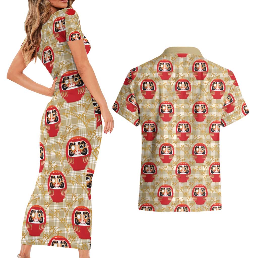 Japanese Daruma Doll Couples Matching Short Sleeve Bodycon Dress and Hawaiian Shirt Palaka With Seamless Bamboo Pattern - Polynesian Pride