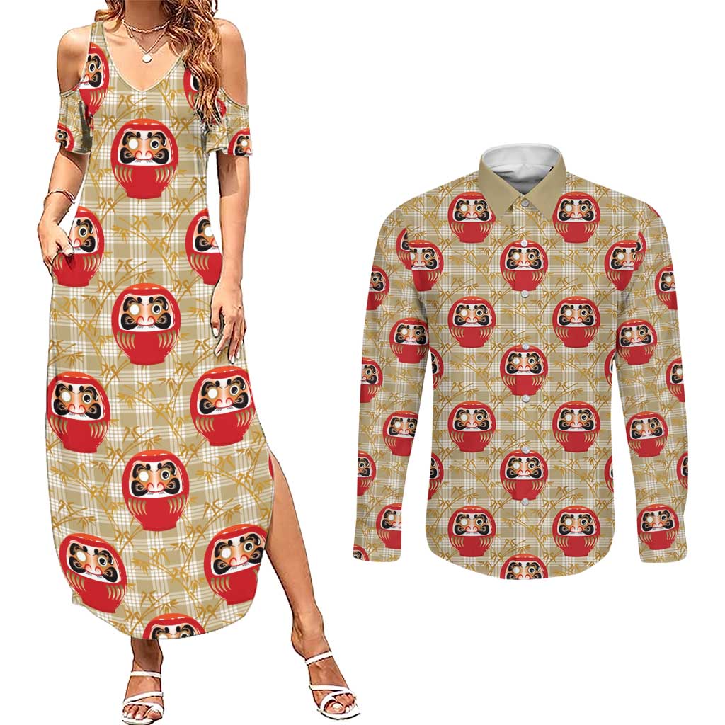 Japanese Daruma Doll Couples Matching Summer Maxi Dress and Long Sleeve Button Shirt Palaka With Seamless Bamboo Pattern LT14 Beige - Polynesian Pride