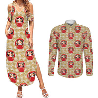 Japanese Daruma Doll Couples Matching Summer Maxi Dress and Long Sleeve Button Shirt Palaka With Seamless Bamboo Pattern LT14 Beige - Polynesian Pride