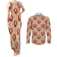 Japanese Daruma Doll Couples Matching Tank Maxi Dress and Long Sleeve Button Shirt Palaka With Seamless Bamboo Pattern - Polynesian Pride