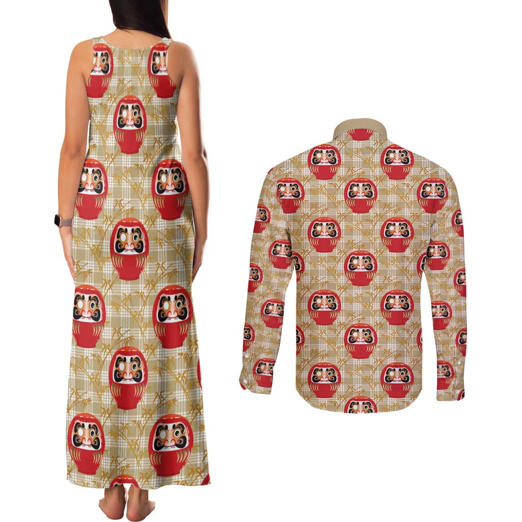 Japanese Daruma Doll Couples Matching Tank Maxi Dress and Long Sleeve Button Shirt Palaka With Seamless Bamboo Pattern - Polynesian Pride