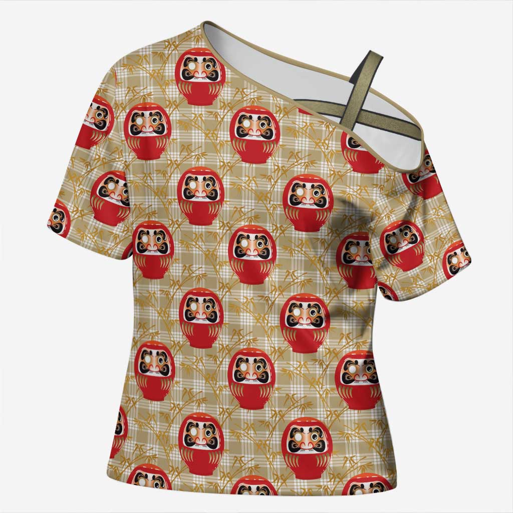 Japanese Daruma Doll Cross Shoulder Shirt Palaka With Seamless Bamboo Pattern LT14 Female Beige - Polynesian Pride