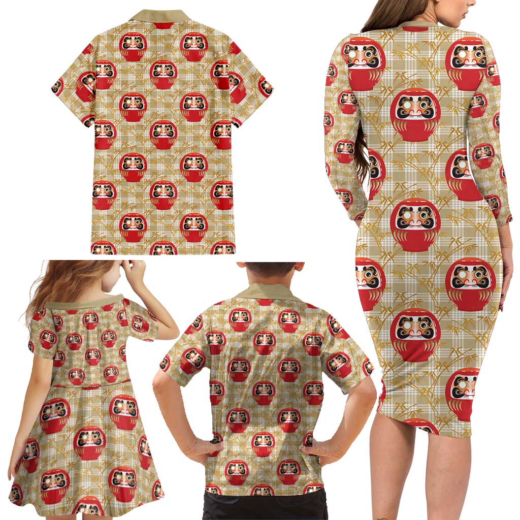 Japanese Daruma Doll Family Matching Long Sleeve Bodycon Dress and Hawaiian Shirt Palaka With Seamless Bamboo Pattern - Polynesian Pride