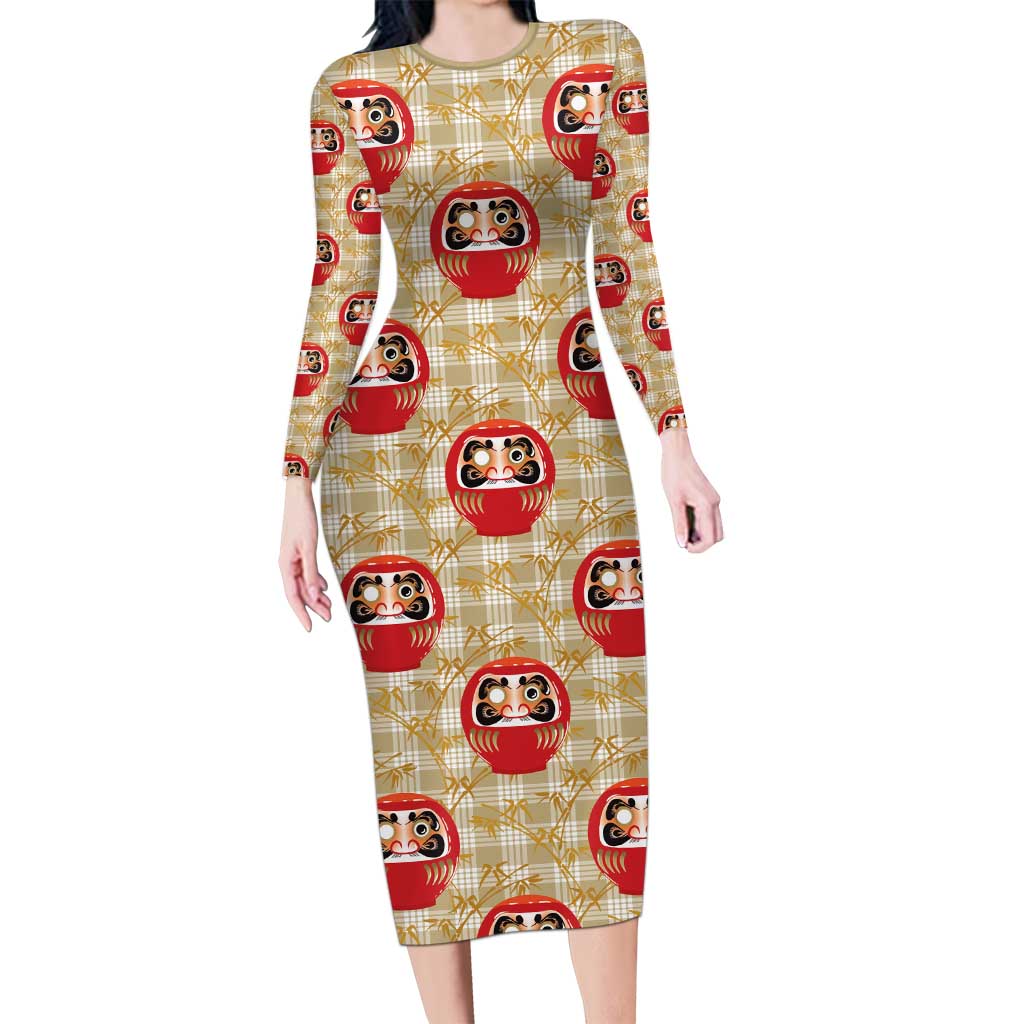 Japanese Daruma Doll Family Matching Long Sleeve Bodycon Dress and Hawaiian Shirt Palaka With Seamless Bamboo Pattern - Polynesian Pride