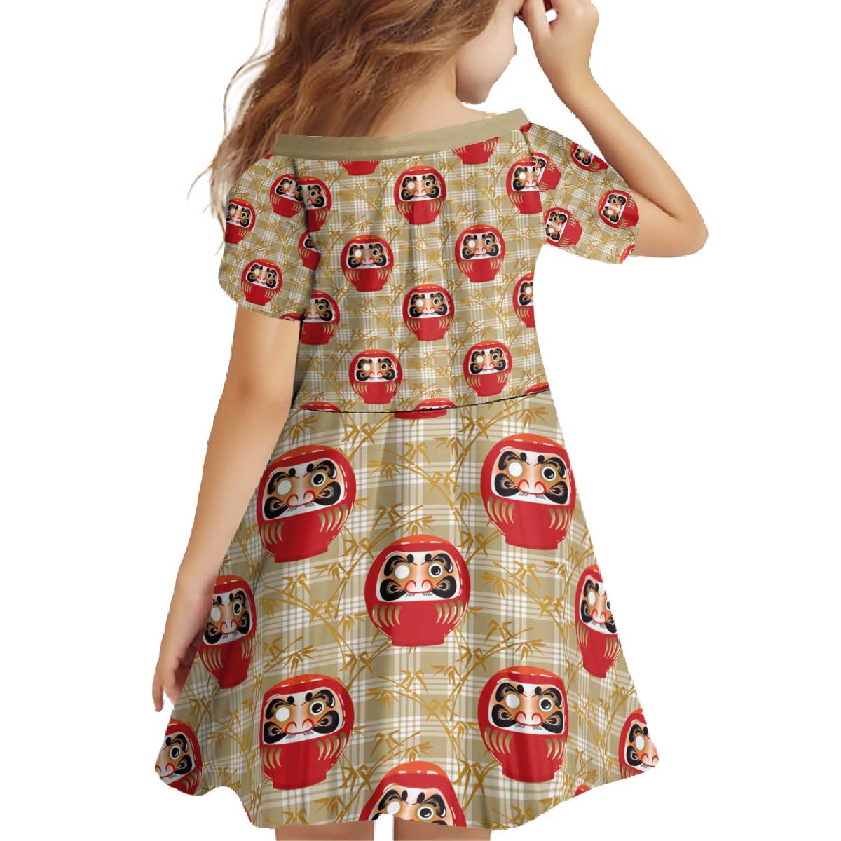 Japanese Daruma Doll Family Matching Off The Shoulder Long Sleeve Dress and Hawaiian Shirt Palaka With Seamless Bamboo Pattern - Polynesian Pride