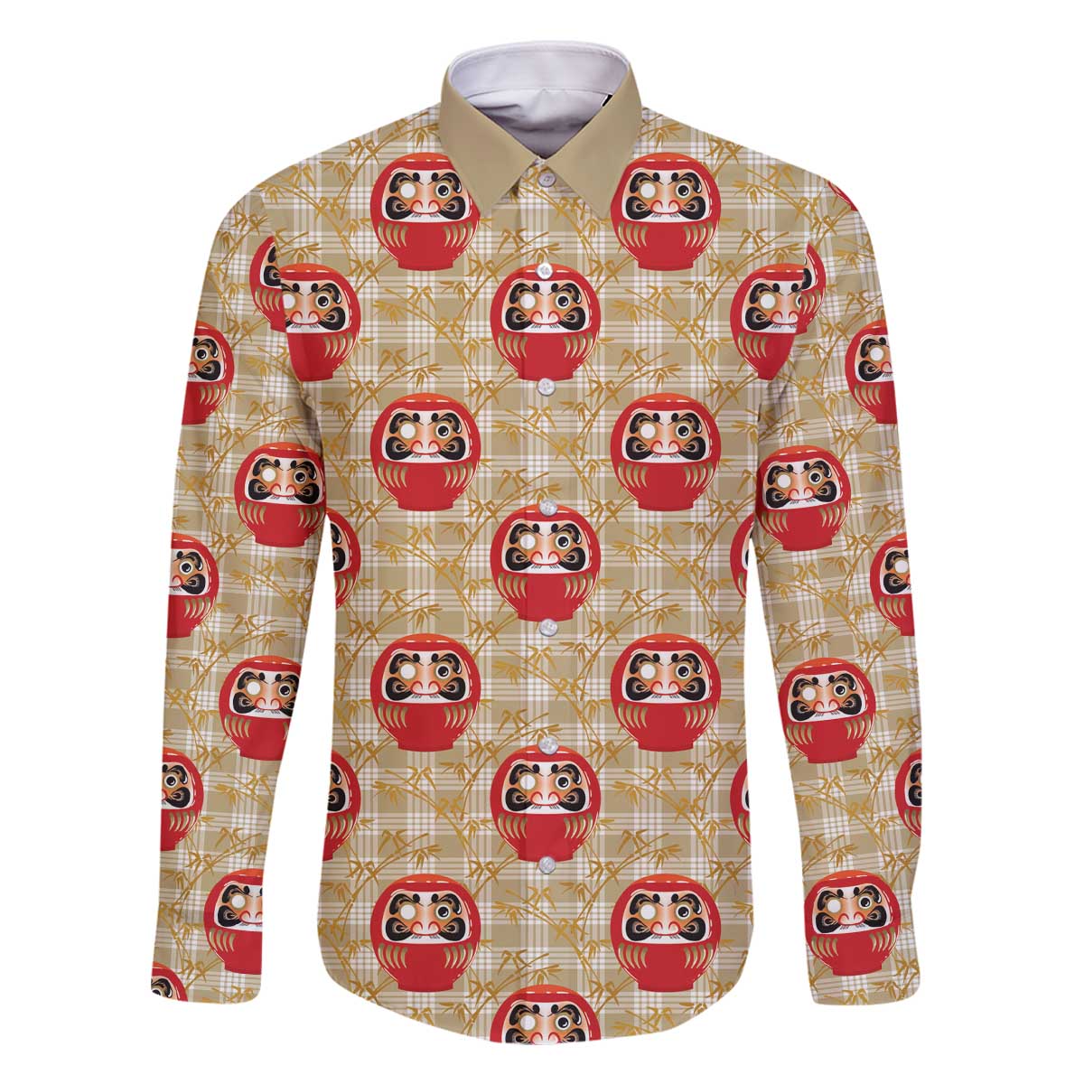 Japanese Daruma Doll Family Matching Off The Shoulder Long Sleeve Dress and Hawaiian Shirt Palaka With Seamless Bamboo Pattern - Polynesian Pride