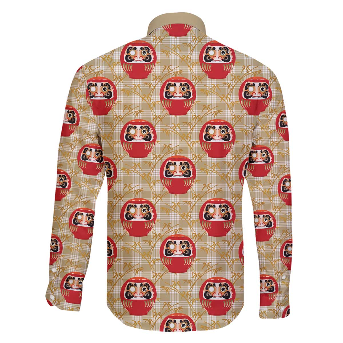 Japanese Daruma Doll Family Matching Off The Shoulder Long Sleeve Dress and Hawaiian Shirt Palaka With Seamless Bamboo Pattern - Polynesian Pride