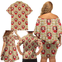 Japanese Daruma Doll Family Matching Off Shoulder Short Dress and Hawaiian Shirt Palaka With Seamless Bamboo Pattern - Polynesian Pride