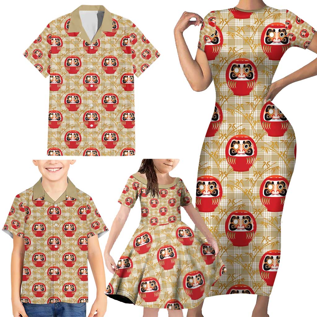 Japanese Daruma Doll Family Matching Short Sleeve Bodycon Dress and Hawaiian Shirt Palaka With Seamless Bamboo Pattern - Polynesian Pride