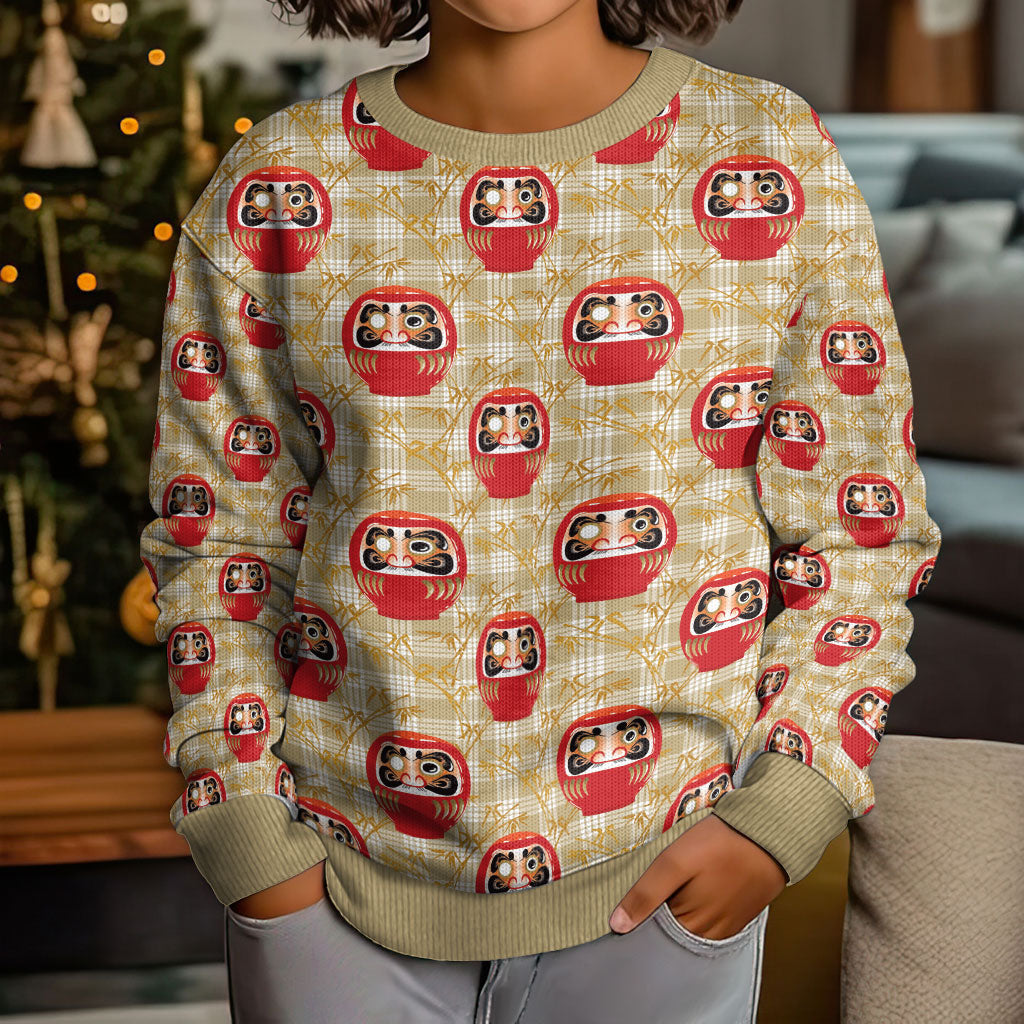 Japanese Daruma Doll Kid Ugly Christmas Sweater Palaka With Seamless Bamboo Pattern LT14 - Polynesian Pride
