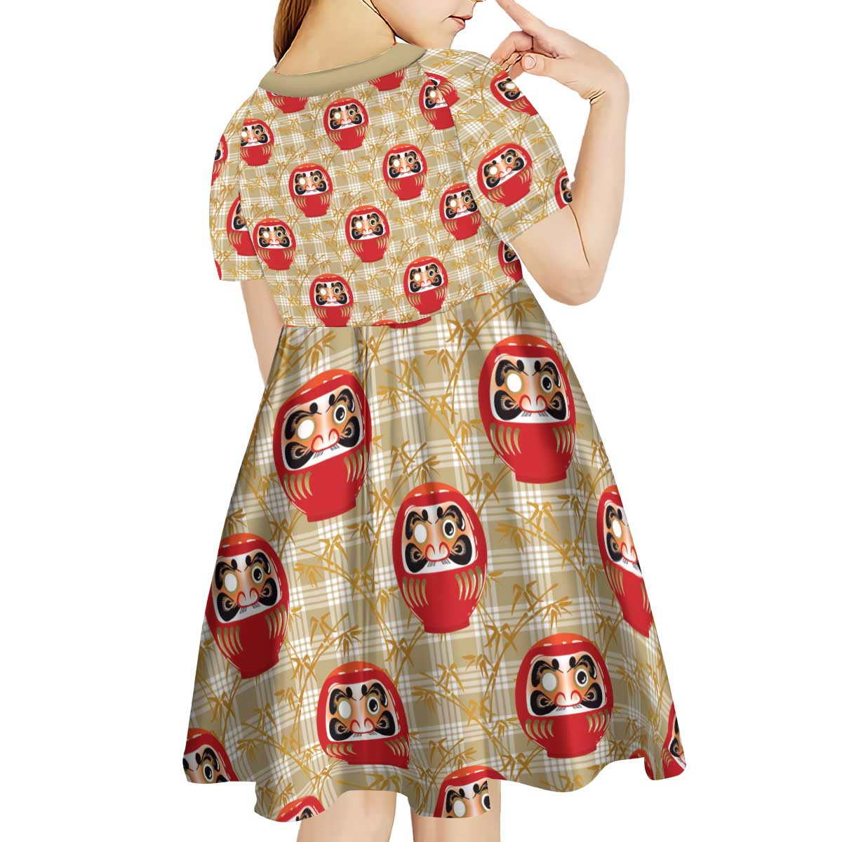 Japanese Daruma Doll Kid Short Sleeve Dress Palaka With Seamless Bamboo Pattern LT14 - Polynesian Pride