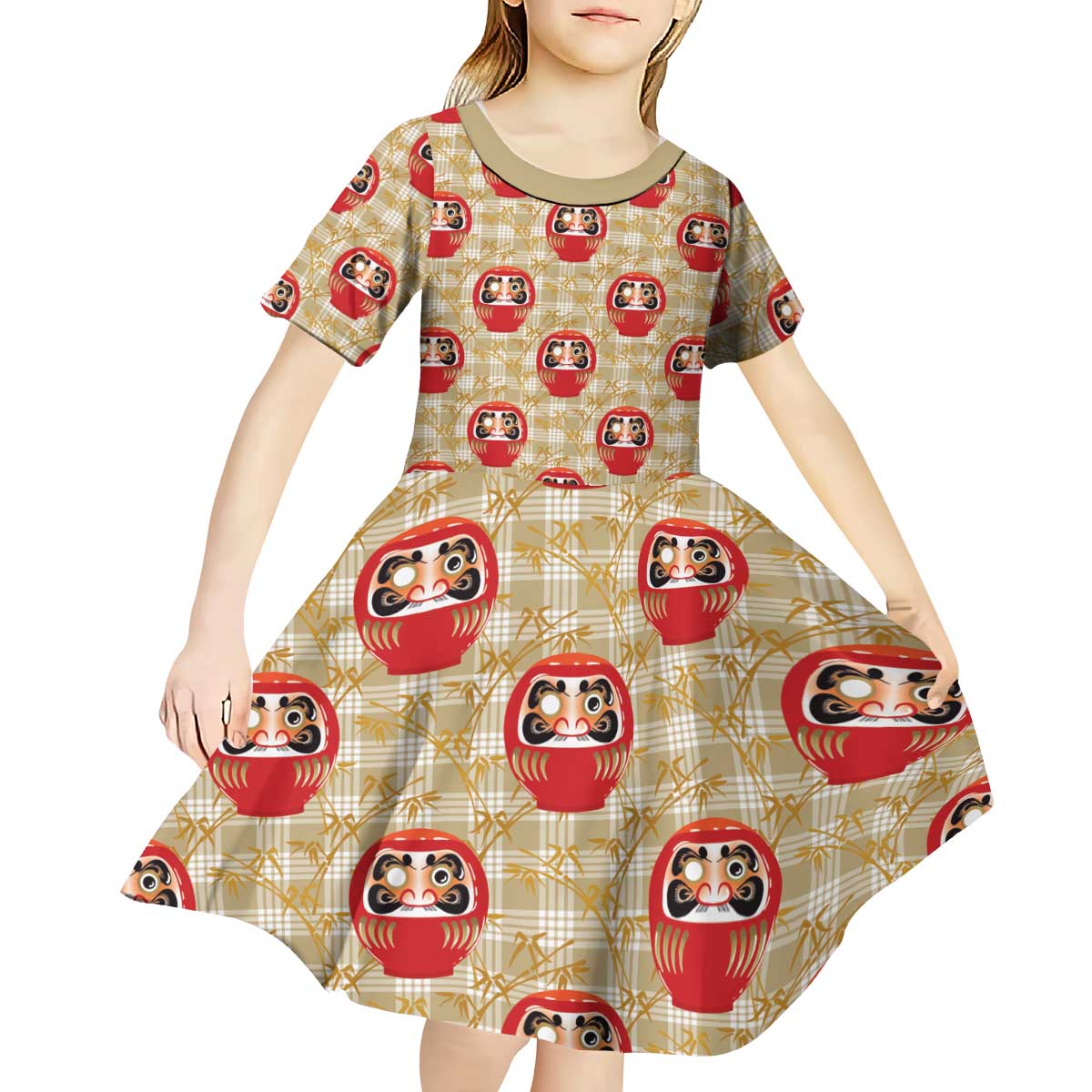 Japanese Daruma Doll Kid Short Sleeve Dress Palaka With Seamless Bamboo Pattern LT14 - Polynesian Pride