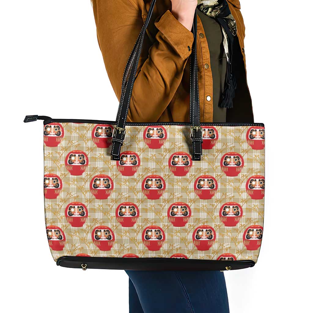Japanese Daruma Doll Leather Tote Bag Palaka With Seamless Bamboo Pattern LT14 - Polynesian Pride