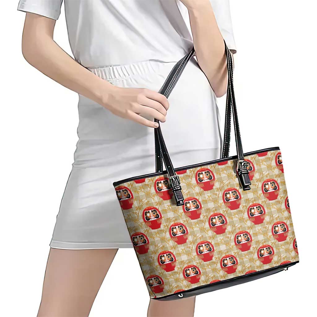 Japanese Daruma Doll Leather Tote Bag Palaka With Seamless Bamboo Pattern LT14 - Polynesian Pride