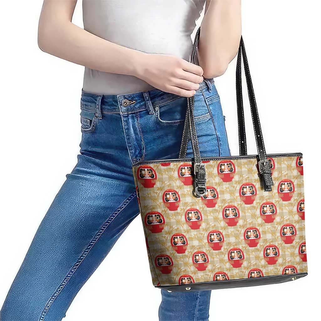 Japanese Daruma Doll Leather Tote Bag Palaka With Seamless Bamboo Pattern LT14 - Polynesian Pride