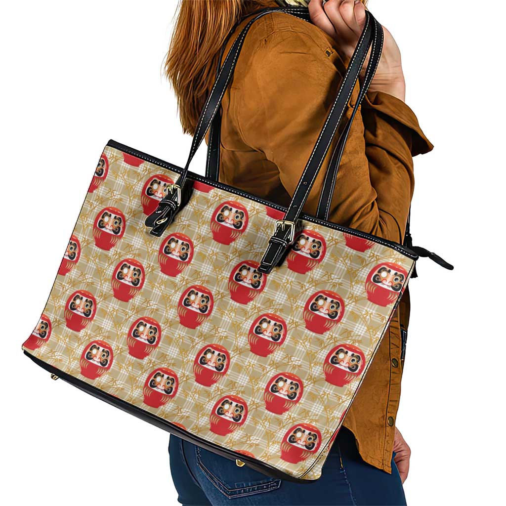 Japanese Daruma Doll Leather Tote Bag Palaka With Seamless Bamboo Pattern LT14 - Polynesian Pride